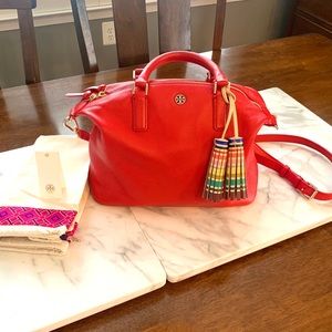 small slouchy red vermillion leather satchel